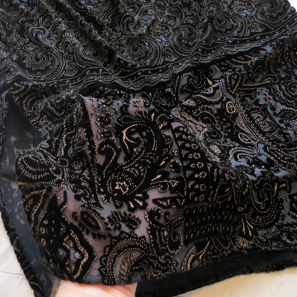 Final Reduction!  Jet Black Long Velvet and Gold Lace Skirt, L